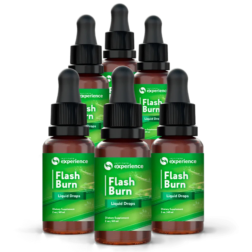 Six bottles of Flash Burn weight loss drops grouped together, representing the 180-day best value supply package with maximum discount.
