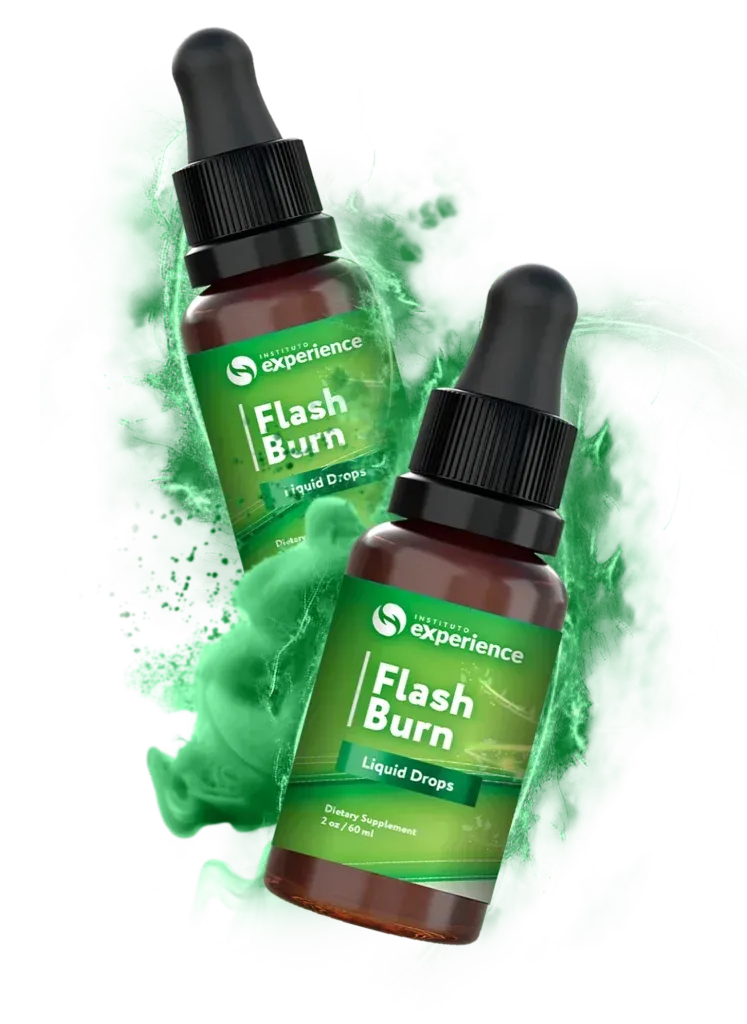 Two bottles of Flash Burn liquid weight loss supplement with green energy effect, highlighting rapid fat metabolism.