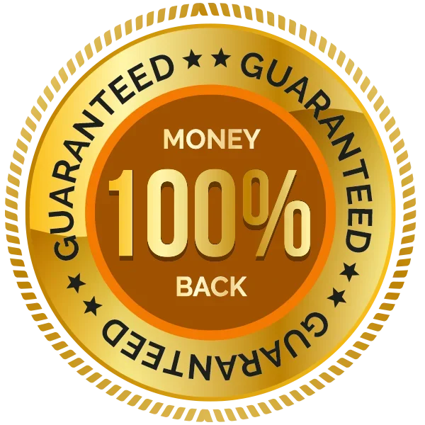 Large gold 100% Money-Back Guarantee seal, validating the risk-free purchase policy for Flash Burn customers.